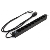 Блок розеток для 19" шкафов, горизонтальный, 9 розеток Schuko (16A), 250В, кабель питания 3х1.5мм2, длина 2.5 м, с вилкой Schuko, 482.6x44.4x44.4мм