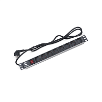 Блок евророзеток для 19" шкафов, горизонтальный, 8 розеток, 16 A, выключатель, шнур 2м, алюминиевый корпус, немецкий стандарт