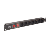 ITK PDU 7 розеток DIN49440 (нем. cтанд.), с LED выкл.,1U, без шнура, IEC320 C14, алю-ый проф, черн.