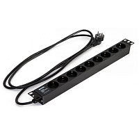 Блок розеток для 19" шкафов, горизонтальный, 9 розеток Schuko (16A), 250В, кабель питания 3х1.5мм2, длина 2.5 м, с вилкой Schuko, 482.6x44.4x44.4мм