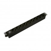 Блок розеток для 19" шкафов, горизонтальный, 9 розеток Schuko, без кабеля питания, клеммная колодка 16A, 250В, 482.6x44.4x44.4мм (ШхГхВ), корпус алюми