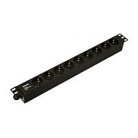 Блок розеток для 19" шкафов, горизонтальный, 9 розеток Schuko, без кабеля питания, клеммная колодка 16A, 250В, 482.6x44.4x44.4мм (ШхГхВ), корпус алюми