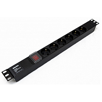 Блок розеток для 19" шкафов, горизонтальный, с выключателем с подсветкой,6 розеток Schuko(10А),250В,без кабеля питания,входная розетка IEC 60320 C14