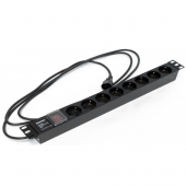 Блок розеток 19",с выключателем с подсветкой, 8 розеток Schuko (10A), 250В, кабель питания 3х1.0мм2, длина 2.5 м, с вилкой IEC 320 C14