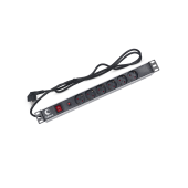 Блок евророзеток для 19" шкафов, горизонтальный, 6 розеток, фильтр, 16 A, выключатель, шнур 2м, алюминиевый корпус, немецкий станд