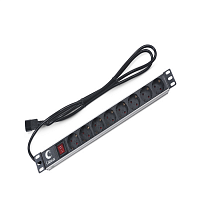 Блок евророзеток для19" шкафов, горизонтальный, 8 розеток, 10 A, выключатель, алюминиевый корпус, шнур2 м, вилка IEC 320 C14