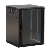Шкаф настенный 19-дюймовый (19"), 9U, 500x600х600мм, стеклянная дверь с перфорацией по бокам, ручка с замком, цвет черный (RAL 9004) (разобранный)
