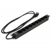 Блок розеток для 19" шкафов, горизонтальный, 9 розеток Schuko (16A), 250В, кабель питания 3х1.5мм2, длина 2.5 м, с вилкой Schuko, 482.6x44.4x44.4мм