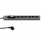 Блок розеток для 19" шкафов, горизонтальный, с автоматическим выключателем, 6 розеток Schuko (16A), кабель питания 2.5 м с вилкой Schukо