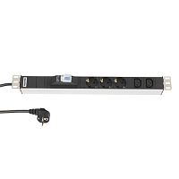 Блок розеток 19",с автоматическим выключателем, 3 x Schuko (16A) + 2 x IEC 320 C13 (16A), кабель питания 2.5 м с вилкой Schuko