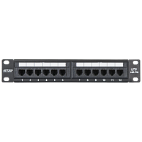 Коммутационная панель NETLAN 10", 1U, 12 портов, Кат.5e (Класс D), 100МГц, RJ45/8P8C, 110/KRONE, T568A/B, неэкранированная, черная