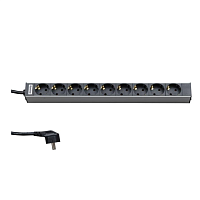 Блок розеток для 19" шкафов, горизонтальный, 9 розеток Schuko (16A), 230 В, кабель питания 1.5мм2, длина 2.5 м, с вилкой Schuko