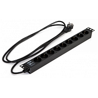 Блок розеток для 19" шкафов, горизонтальный, 9 розеток Schuko (16A), 250В, кабель питания 3х1.5мм2, длина 2.5 м, с вилкой Schuko, 482.6x44.4x44.4мм