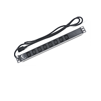 Блок розеток для 19" шкафов, горизонтальный, 8 розеток IEC 320 C13, 10 A, без выключателя, алюминиевый корпус, шнур 2 м, вилка IEC 