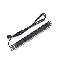 Блок евророзеток для19" шкафов, горизонтальный, 8 розеток, 10 A, выключатель, алюминиевый корпус, шнур2 м, вилка IEC 320 C14