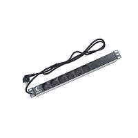 Блок евророзеток для 19" шкафов, горизонтальный, 6 розеток, 16 A, без выключателя, шнур 2м, алюминиевый корпус, немецкий стандарт