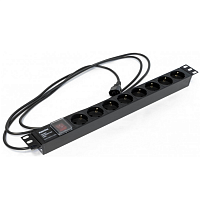 Блок розеток 19",с выключателем с подсветкой, 8 розеток Schuko (10A), 250В, кабель питания 3х1.0мм2, длина 2.5 м, с вилкой IEC 320 C14