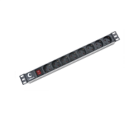 Блок евророзеток для 19" шкафов, горизонтальный, 8 розеток, 10 A, выключатель, гнездо под шнур, алюминиевый корпус