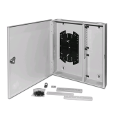Бокс оптический универсальный настенный, от 8 до 32 портов (SC, duplex LC, ST, FC), со сплайс пластиной, без пигтейлов и проходных адаптеров, серый