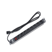 Блок евророзеток для19" шкафов, горизонтальный, 8 розеток, 10 A, выключатель, алюминиевый корпус, шнур2 м, вилка IEC 320 C14