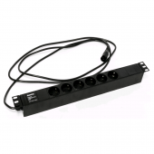 Блок розеток для 19" шкафов, горизонтальный, 6 розеток Schuko (10A), 250В, кабель питания 3х1.0мм2, длина 2.5 м, с вилкой IEC 320 C14, 482.6x44.4x44.4