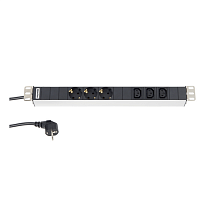 Блок розеток для 19" шкафов, горизонтальный, 3 х Schuko (16A) + 3 x IEC 320 C13 (16A), 230 В, кабель питания 1.5 мм2, длина 2.5 м, с вилкой Schuko