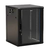 Шкаф настенный 19-дюймовый (19"), 15U, 775x600х450мм, стеклянная дверь с перфорацией по бокам, ручка с замком, цвет черный (RAL 9004) (разобранный)